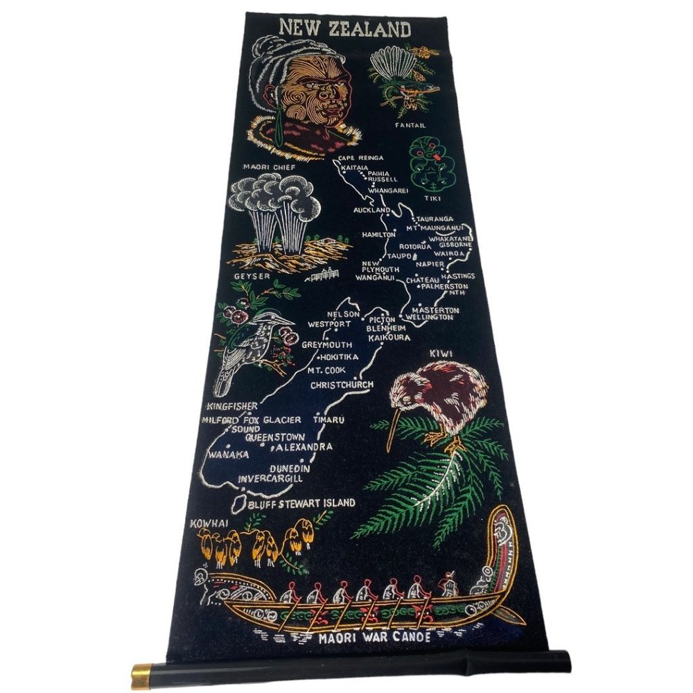 Vintage 1960’s New Zealand Velvet Tourist Scroll Wall Hanging 32.5”
